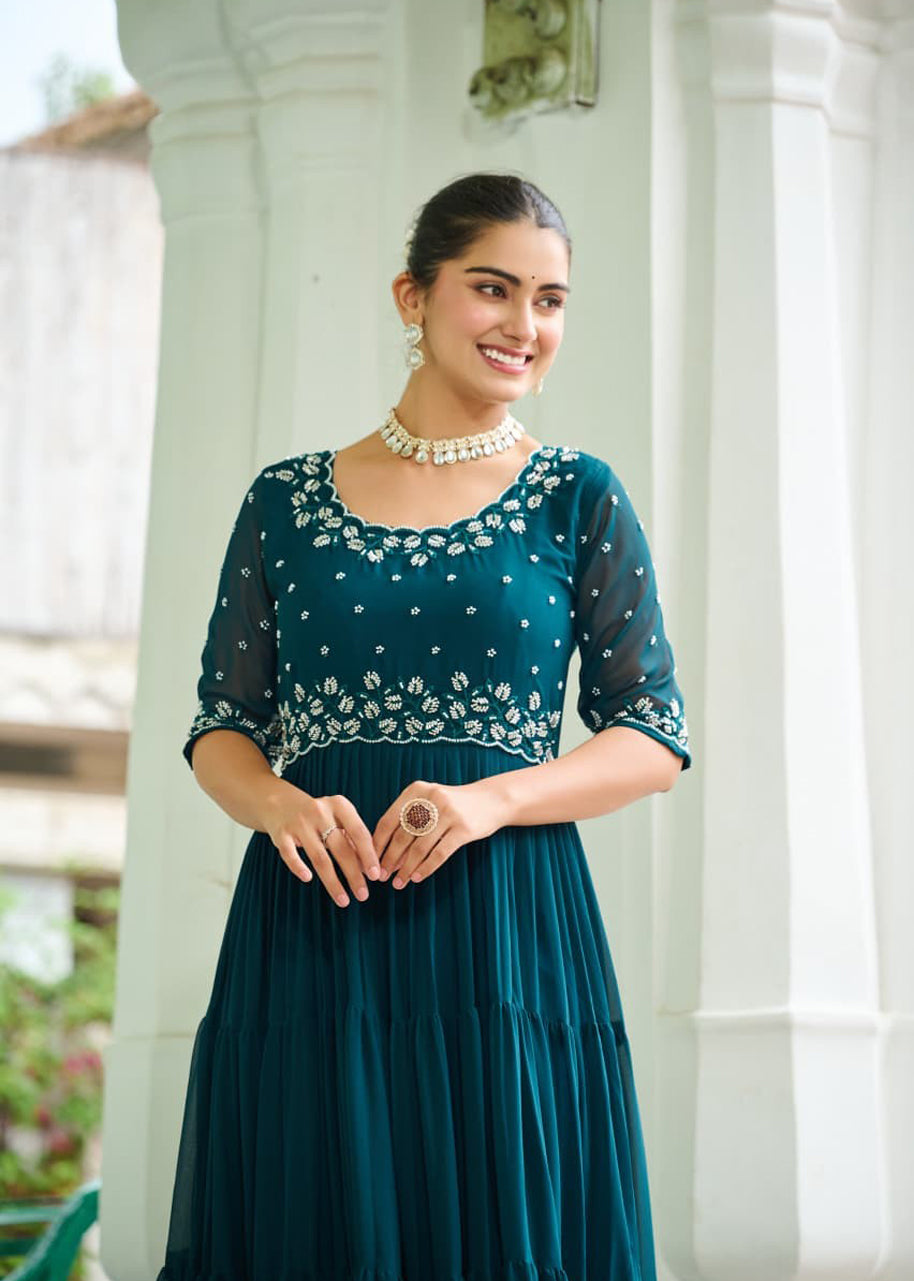 Pehnava Style Faux Blooming With Beads Embroidery Work Gown