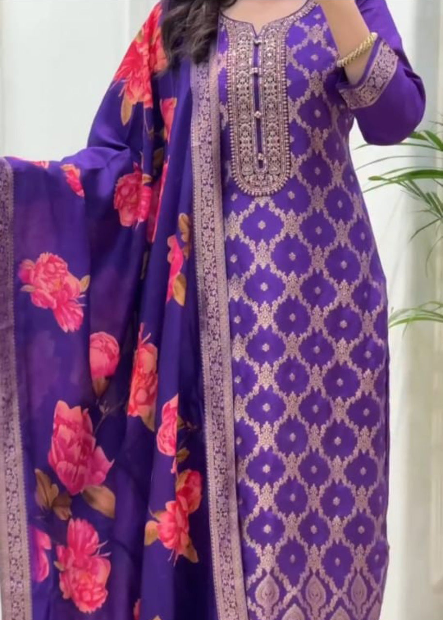 Elegant Banarasi Silk Suit Set with Zari Work – 3 Piece Set