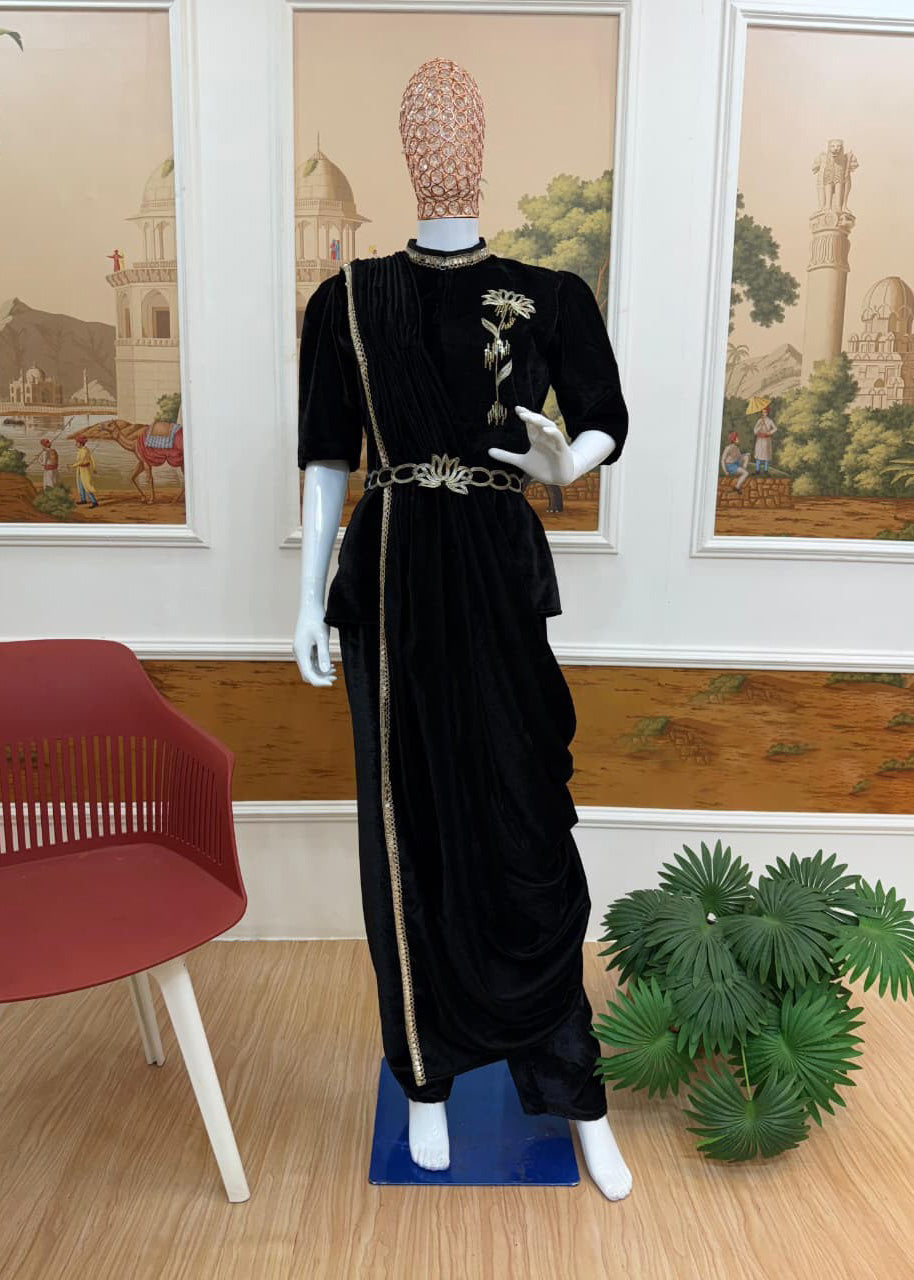 Premium Indo-Western 3-Piece Velvet Saree Set