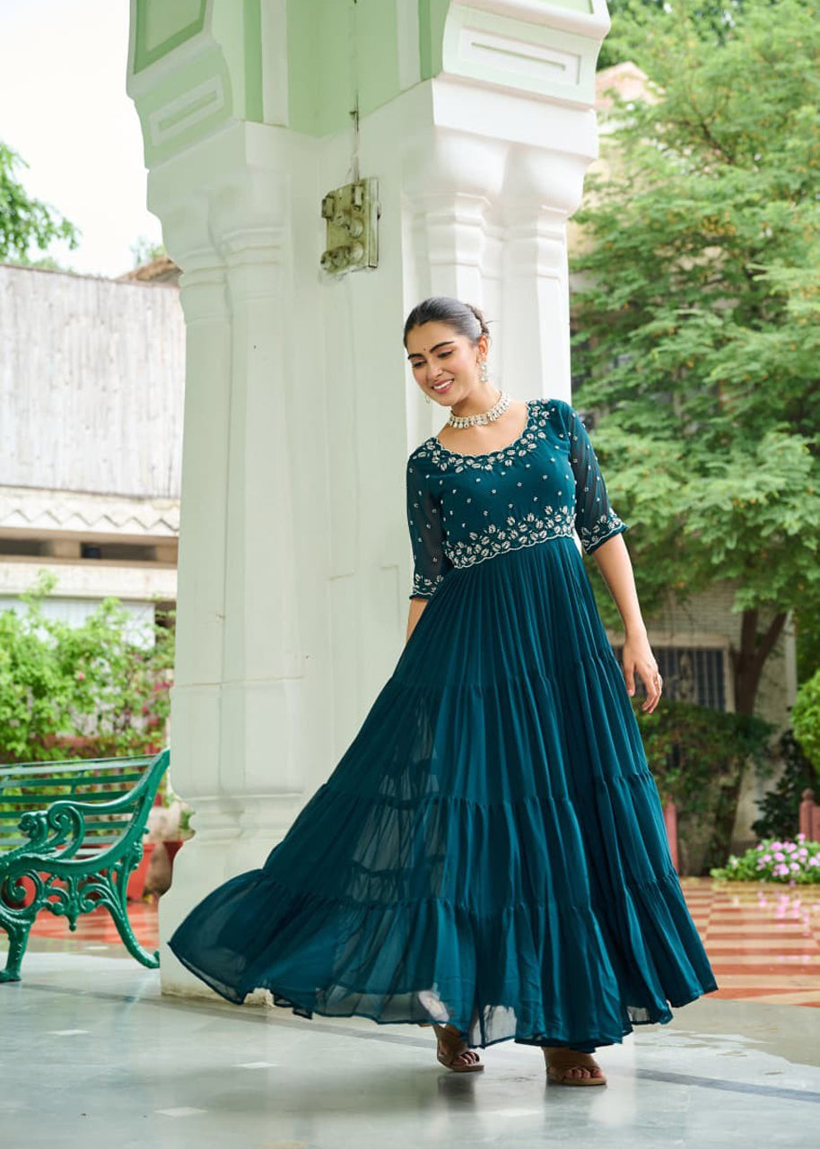 Pehnava Style Faux Blooming With Beads Embroidery Work Gown