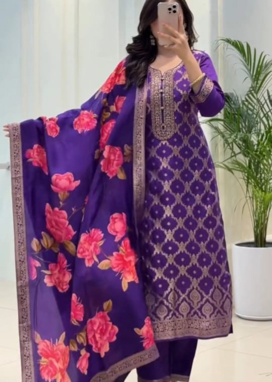 Elegant Banarasi Silk Suit Set with Zari Work – 3 Piece Set