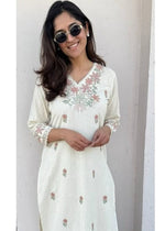 Pure Cotton Slub Embroidered Kurta Pant Set