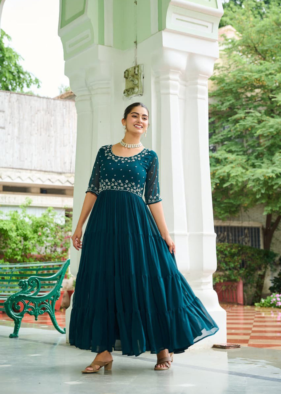 Pehnava Style Faux Blooming With Beads Embroidery Work Gown