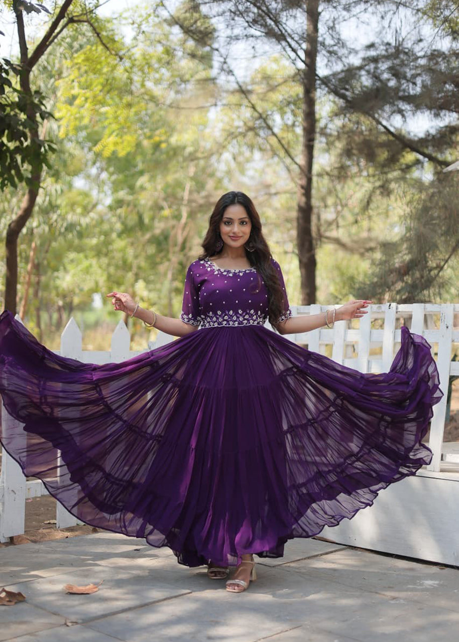 Pehnava Style Faux Blooming With Beads Embroidery Work Gown