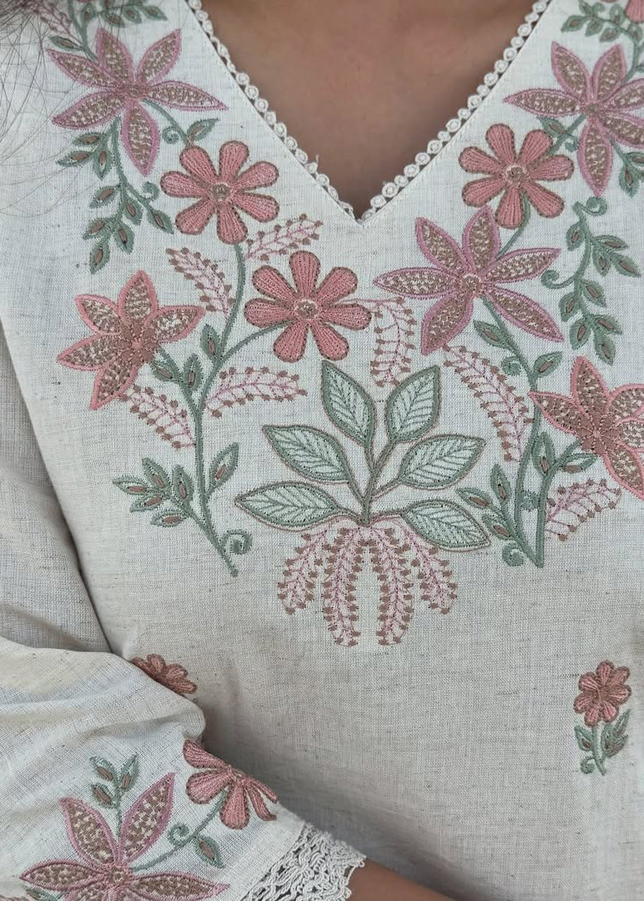 Pure Cotton Slub Embroidered Kurta Pant Set