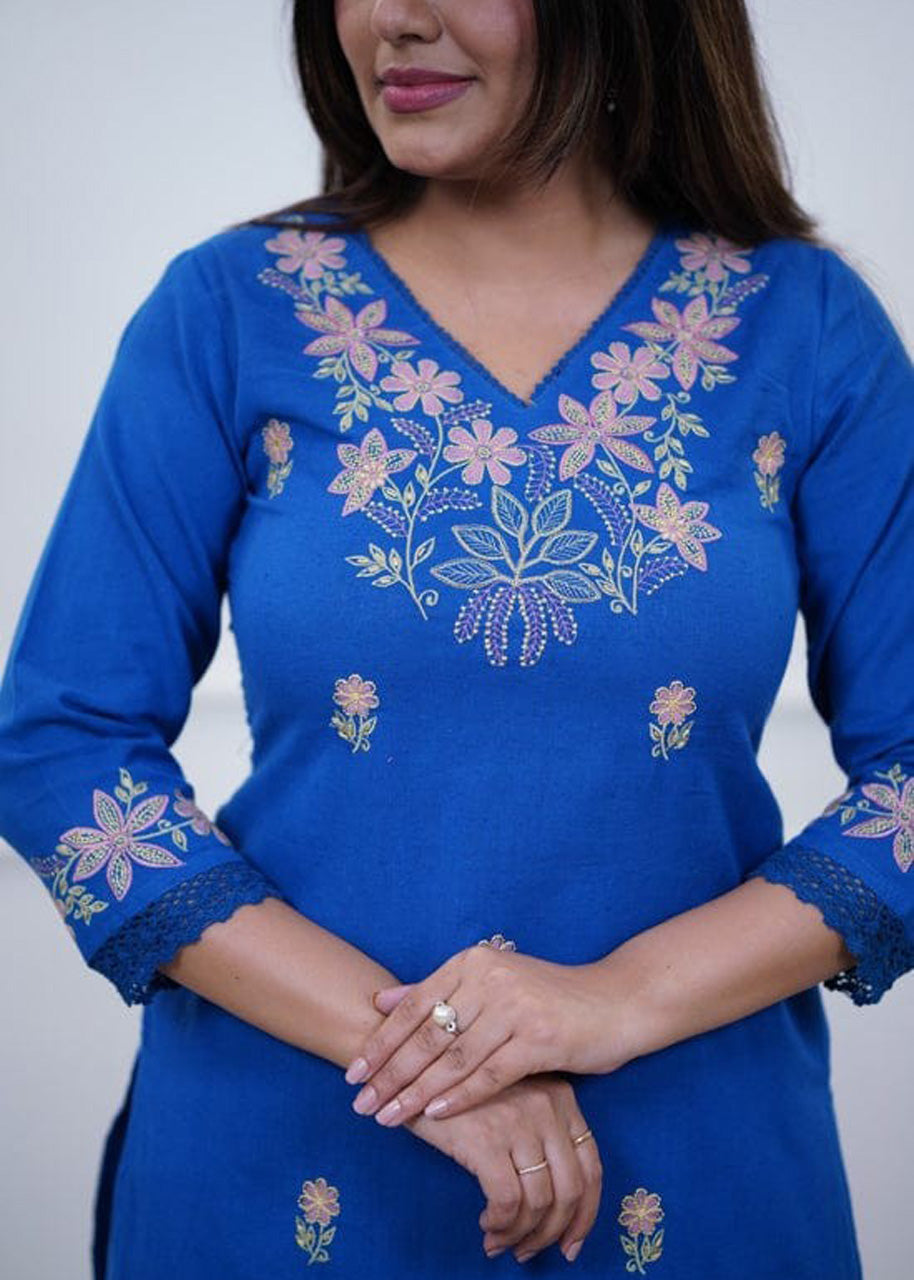 Pure Cotton Slub Embroidered Kurta Pant Set