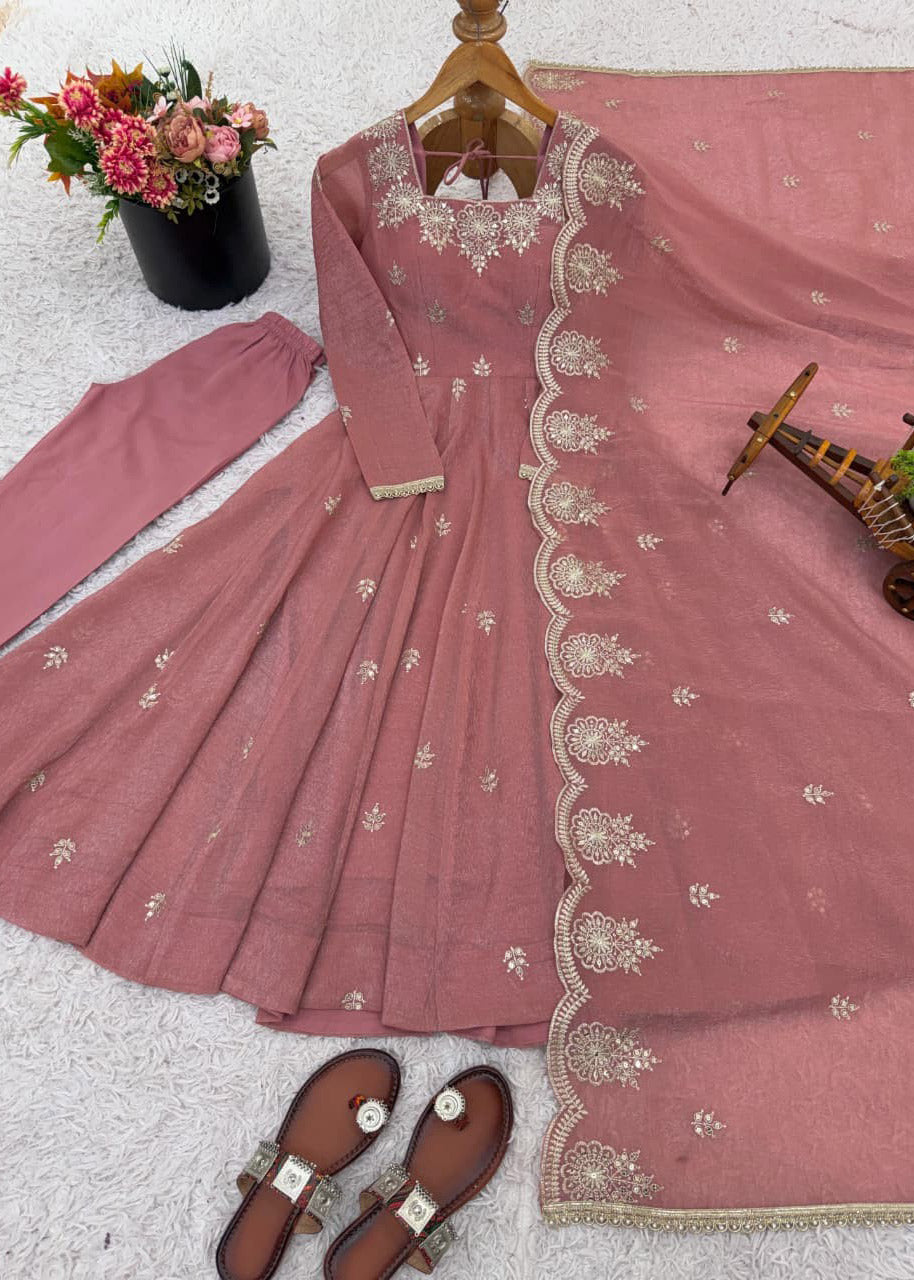 Elegant Embroidered Sequence Designer Anarkali Three Piece Set