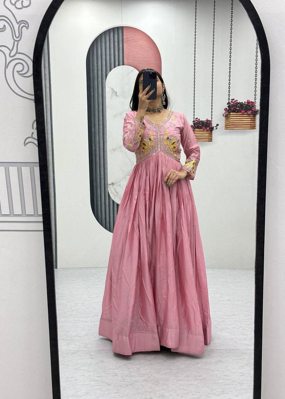 Premium Designer Chinon Gown with Thread Embroidery