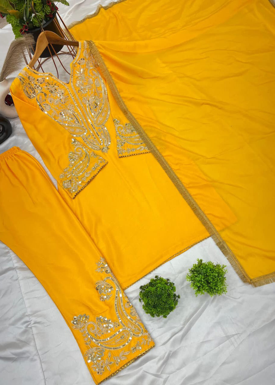 New Designer Pure Chinnon Top, Bottom & Dupatta Set with Embroidery