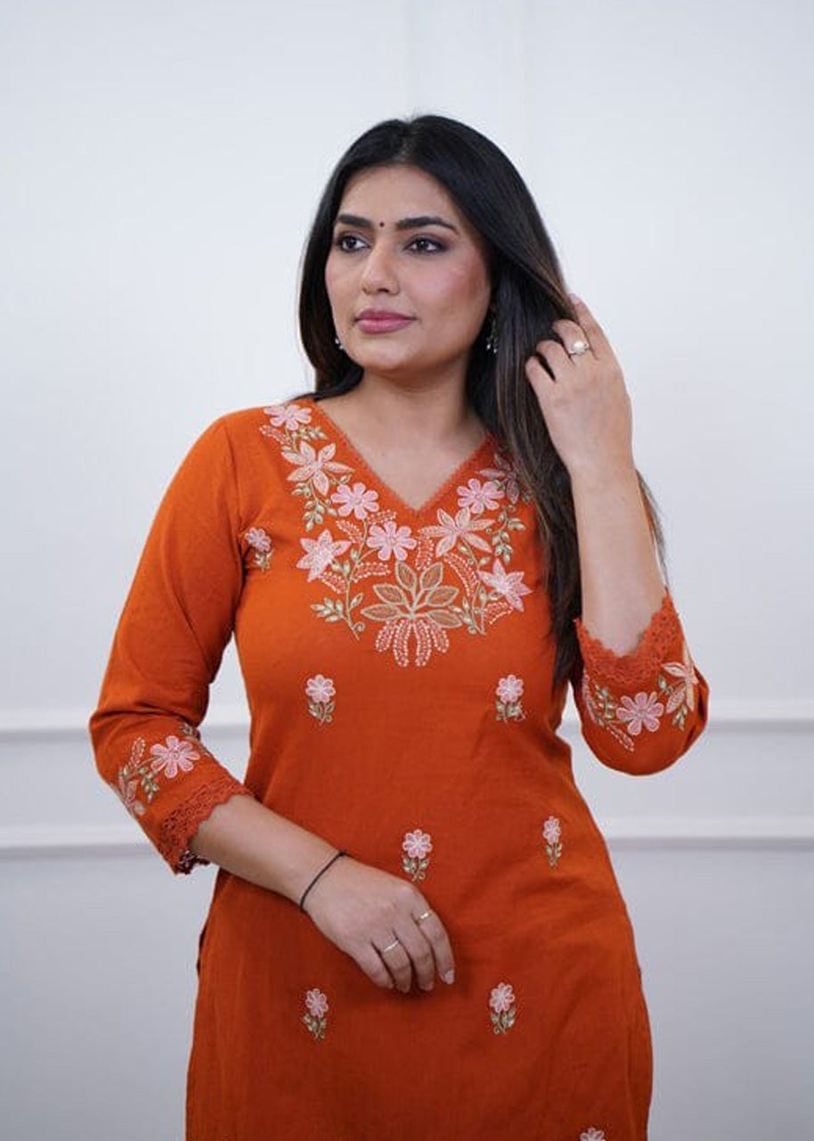 Pure Cotton Slub Embroidered Kurta Pant Set