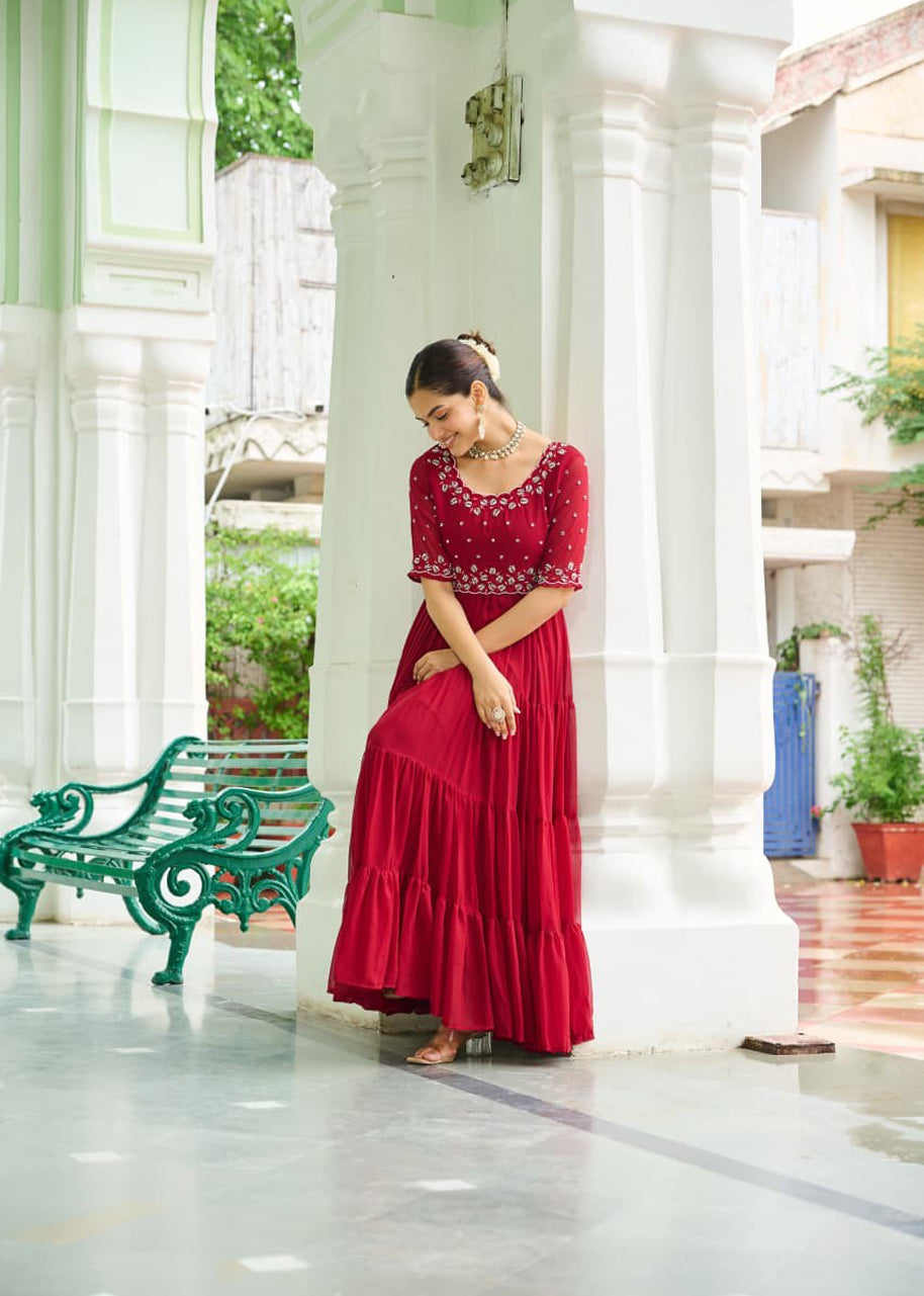 Pehnava Style Faux Blooming With Beads Embroidery Work Gown