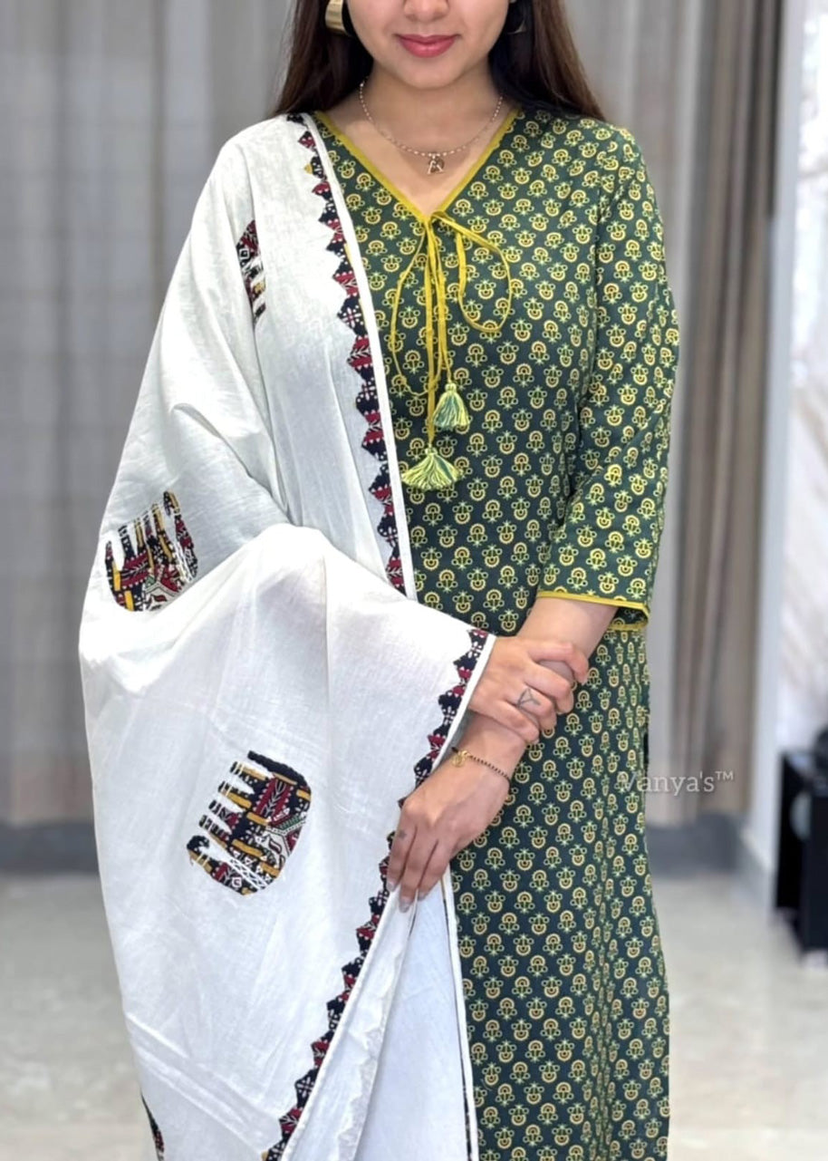 Designer Mughal Block Printed Mul Cotton Kurta Pant Dupatta Set