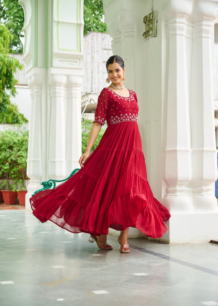 Pehnava Style Faux Blooming With Beads Embroidery Work Gown