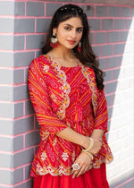 Designer Embroidery Pink Bandhej Lehenga Crop Top & Jacket