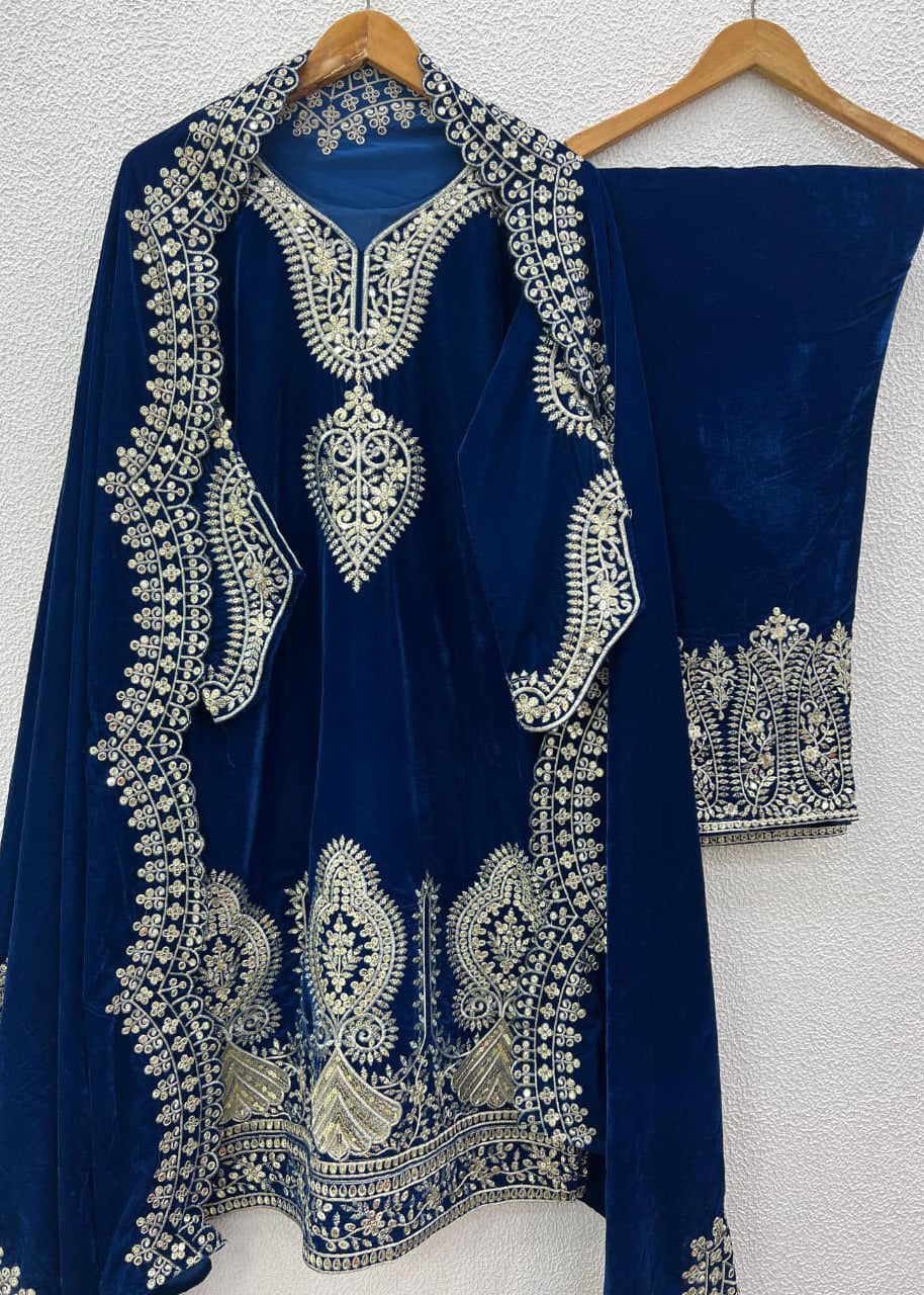 Blue Velvet Embroidered Suit