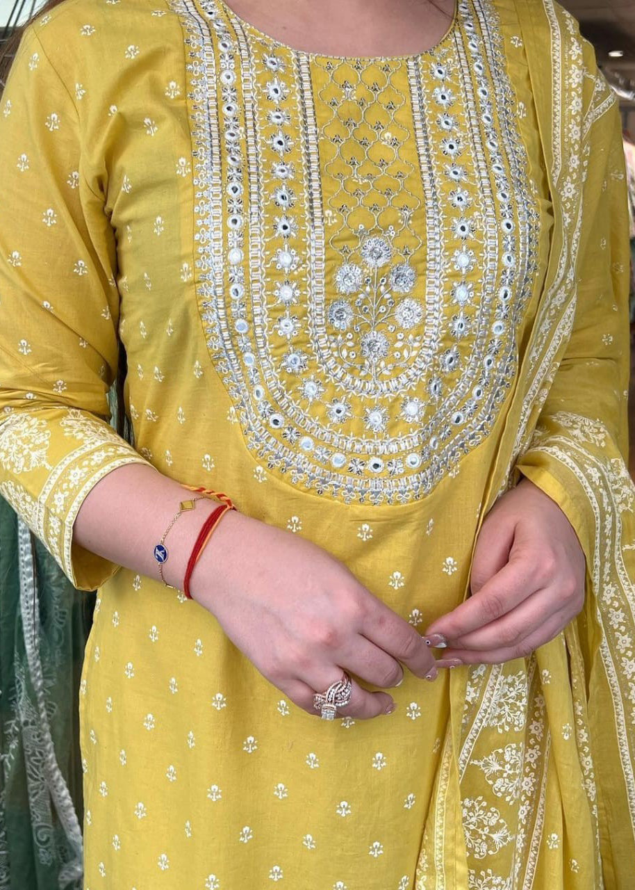 Printed Cotton Kurta Set with Sequin Mirror Work & Dupatta