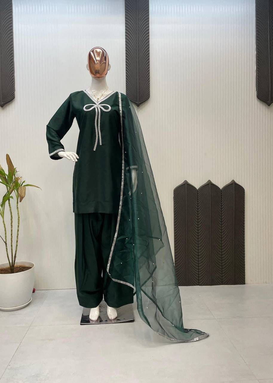 Marvelous Beads Work Green Color Salwar Suit