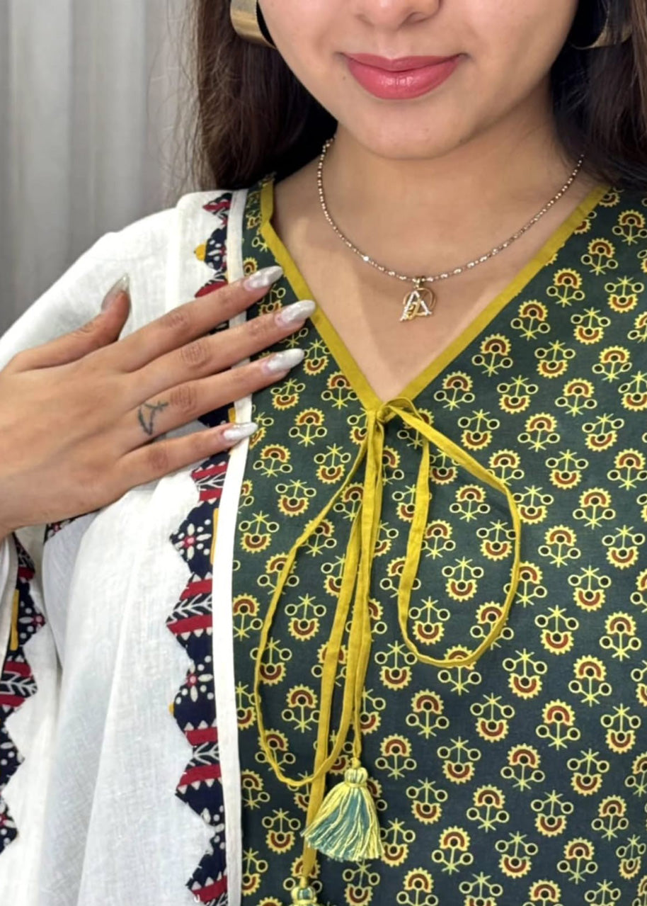 Designer Mughal Block Printed Mul Cotton Kurta Pant Dupatta Set