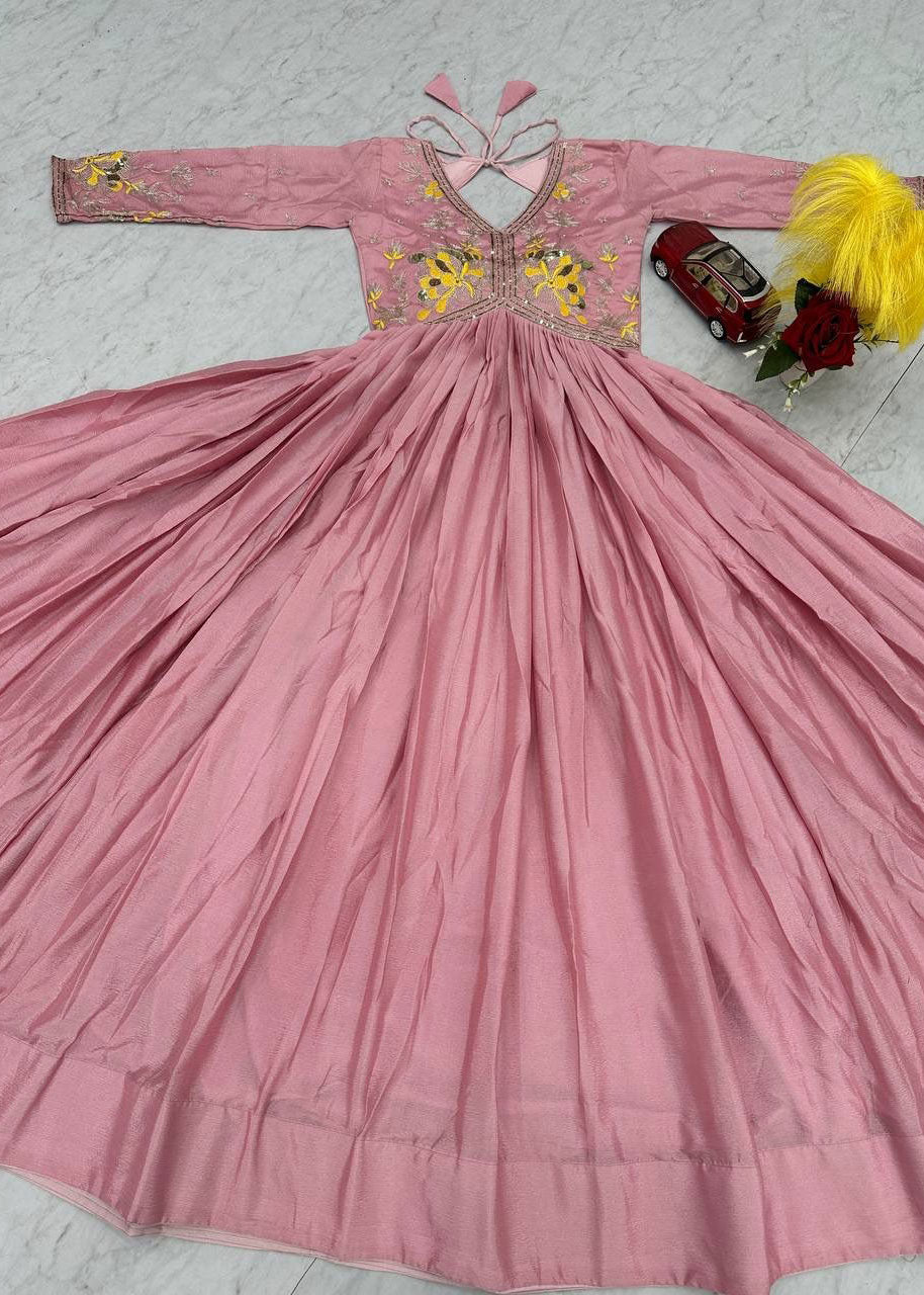 Premium Designer Chinon Gown with Thread Embroidery