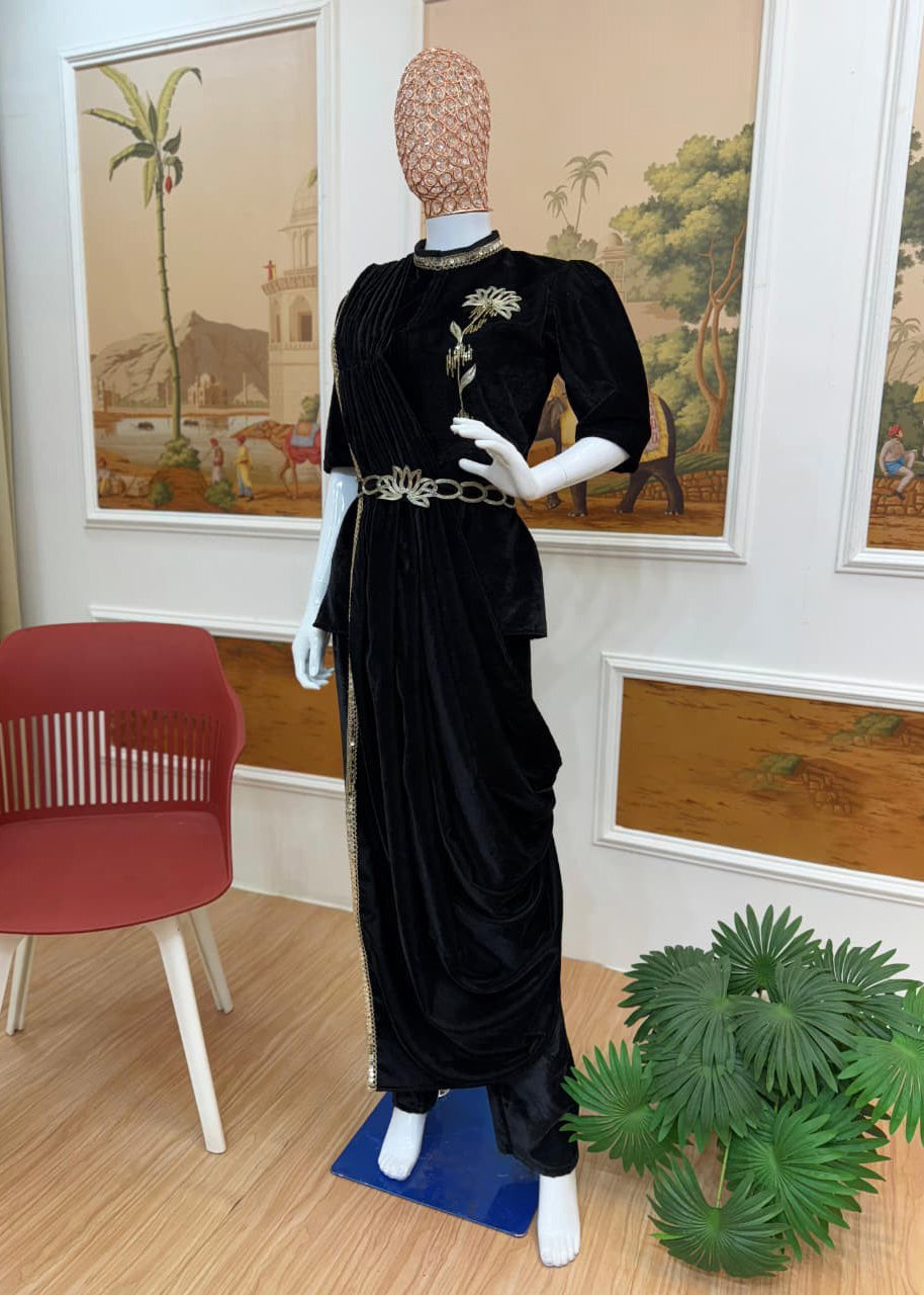 Premium Indo-Western 3-Piece Velvet Saree Set