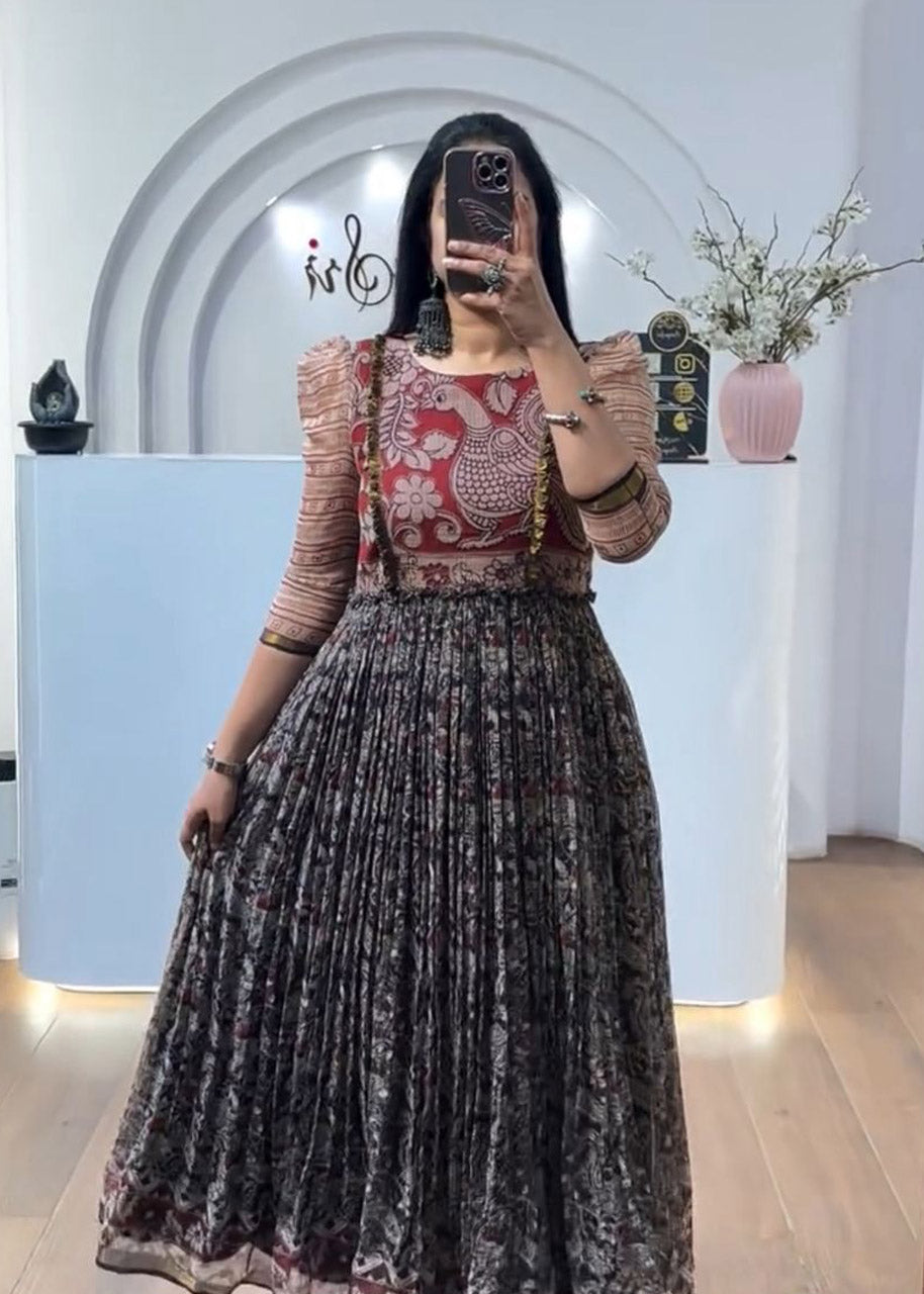 Designer Kalamkari Cota Checks Gown – Wedding & Party Wear