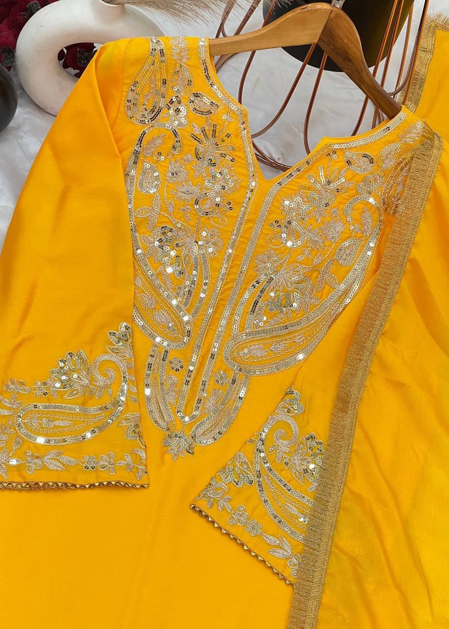 New Designer Pure Chinnon Top, Bottom & Dupatta Set with Embroidery