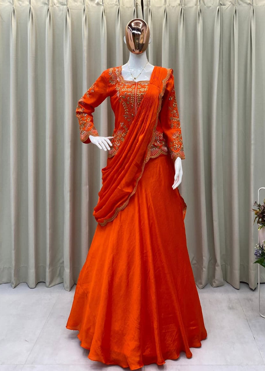 Designer Chinon Lehenga Saree with Long Blouse – Bridal, Wedding & Party Wear