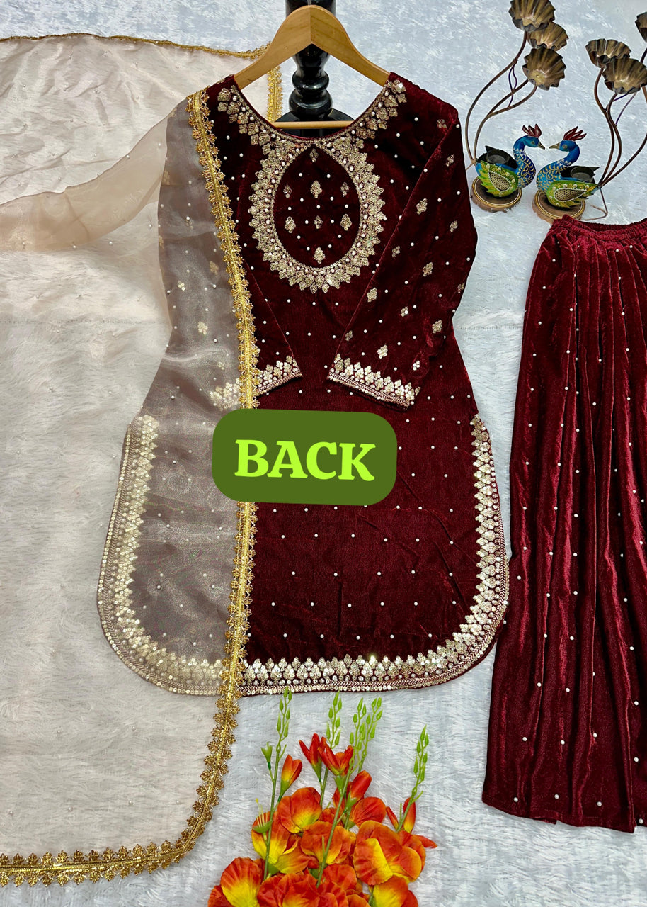 Designer Party Wear Top & Pant Plazzo & With Fancy Dupatta & Embroidery Work