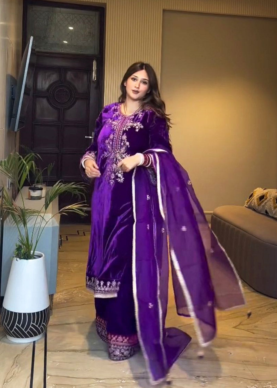 Luxury Winter Velvet Kurta Plazzo Set for Wedding & Party Wear
