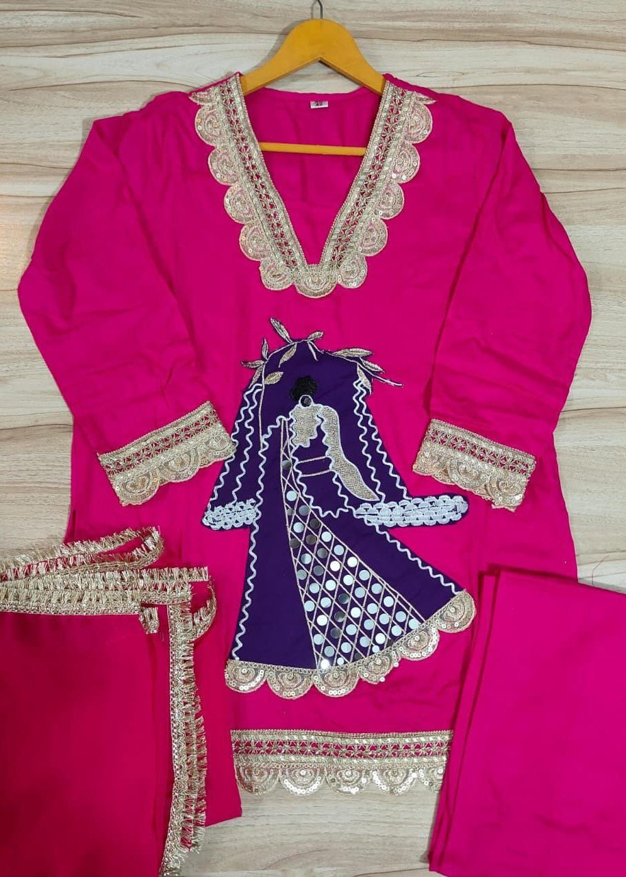 Festive Rani Pink Kurta Set with Peacock Embroidery & Gota Work