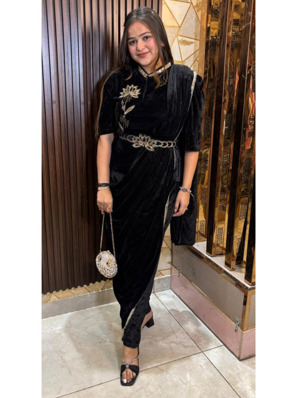 Premium Indo-Western 3-Piece Velvet Saree Set