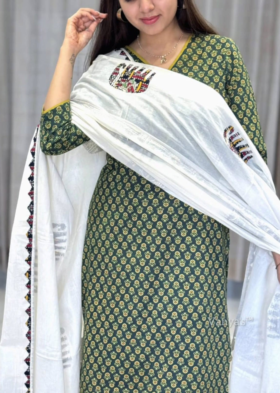 Designer Mughal Block Printed Mul Cotton Kurta Pant Dupatta Set