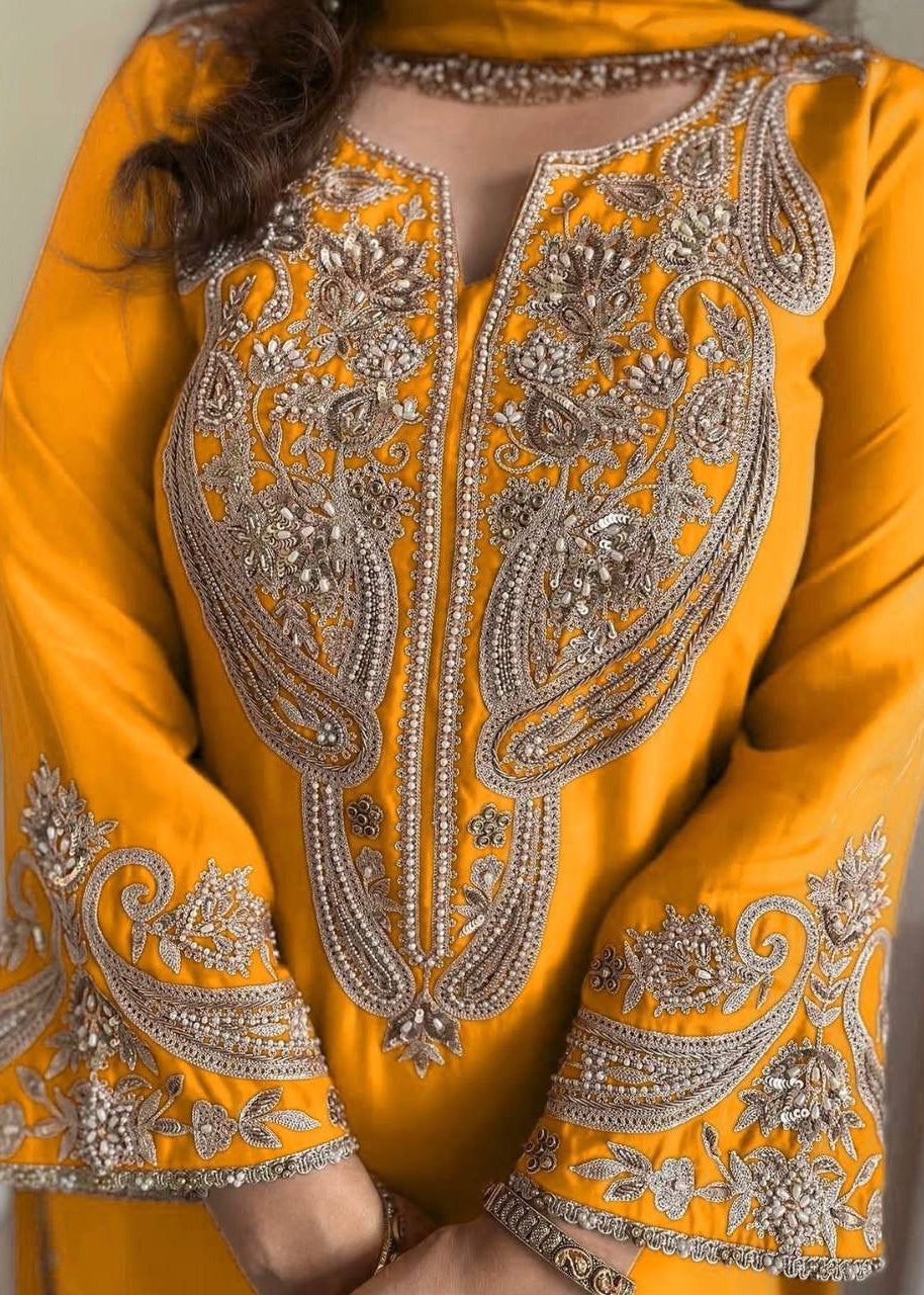 New Designer Pure Chinnon Top, Bottom & Dupatta Set with Embroidery