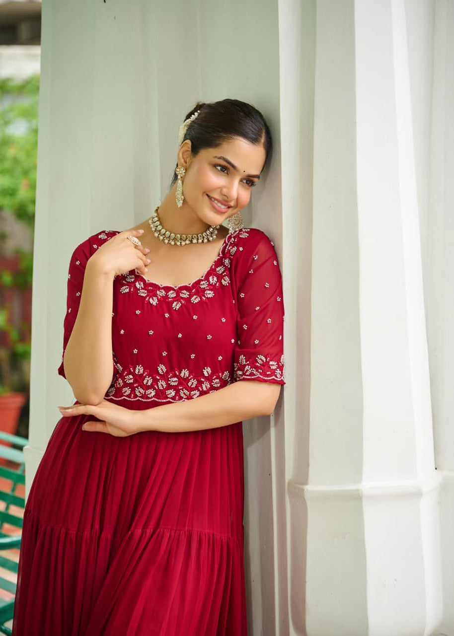 Pehnava Style Faux Blooming With Beads Embroidery Work Gown