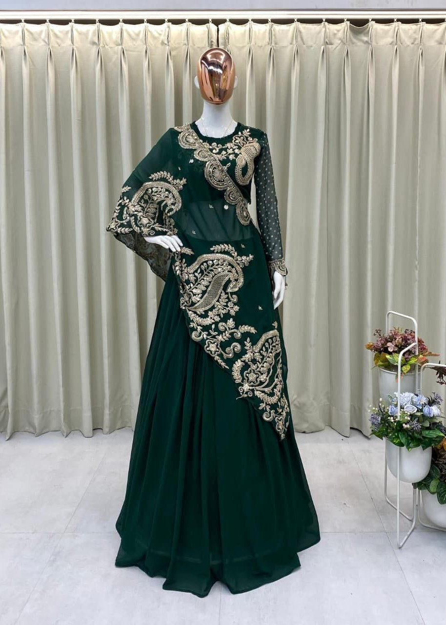 Designer Georgette Sequence Embroidery Work Lehenga With Shrug