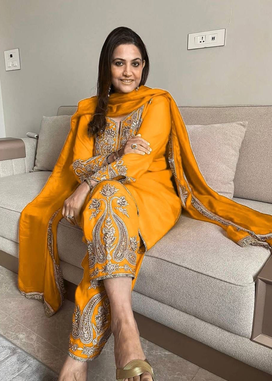 New Designer Pure Chinnon Top, Bottom & Dupatta Set with Embroidery