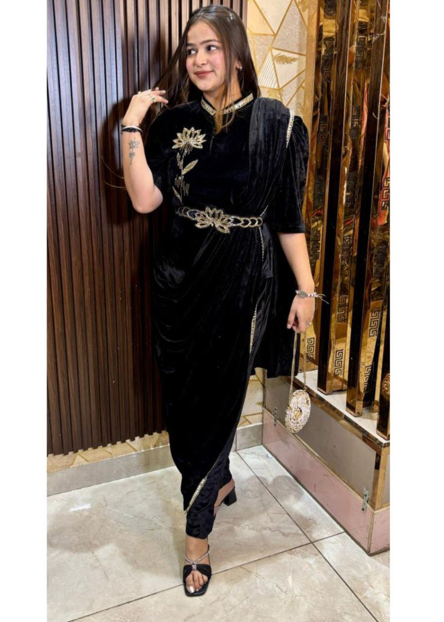 Premium Indo-Western 3-Piece Velvet Saree Set