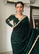 Bottle Green Velvet Ready To Wear Saree