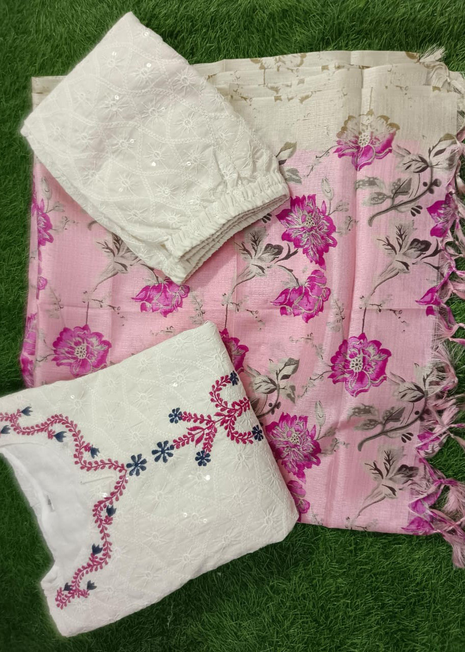 Premium Cotton Chikankari Anarkali Kurta Pant Set with Silk Dupatta