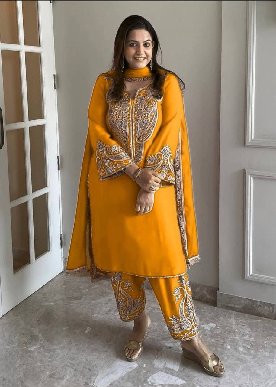 New Designer Pure Chinnon Top, Bottom & Dupatta Set with Embroidery