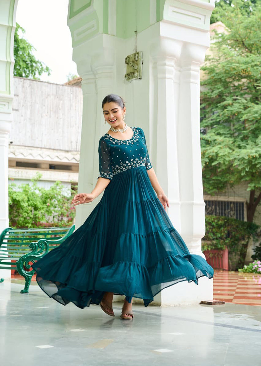 Pehnava Style Faux Blooming With Beads Embroidery Work Gown