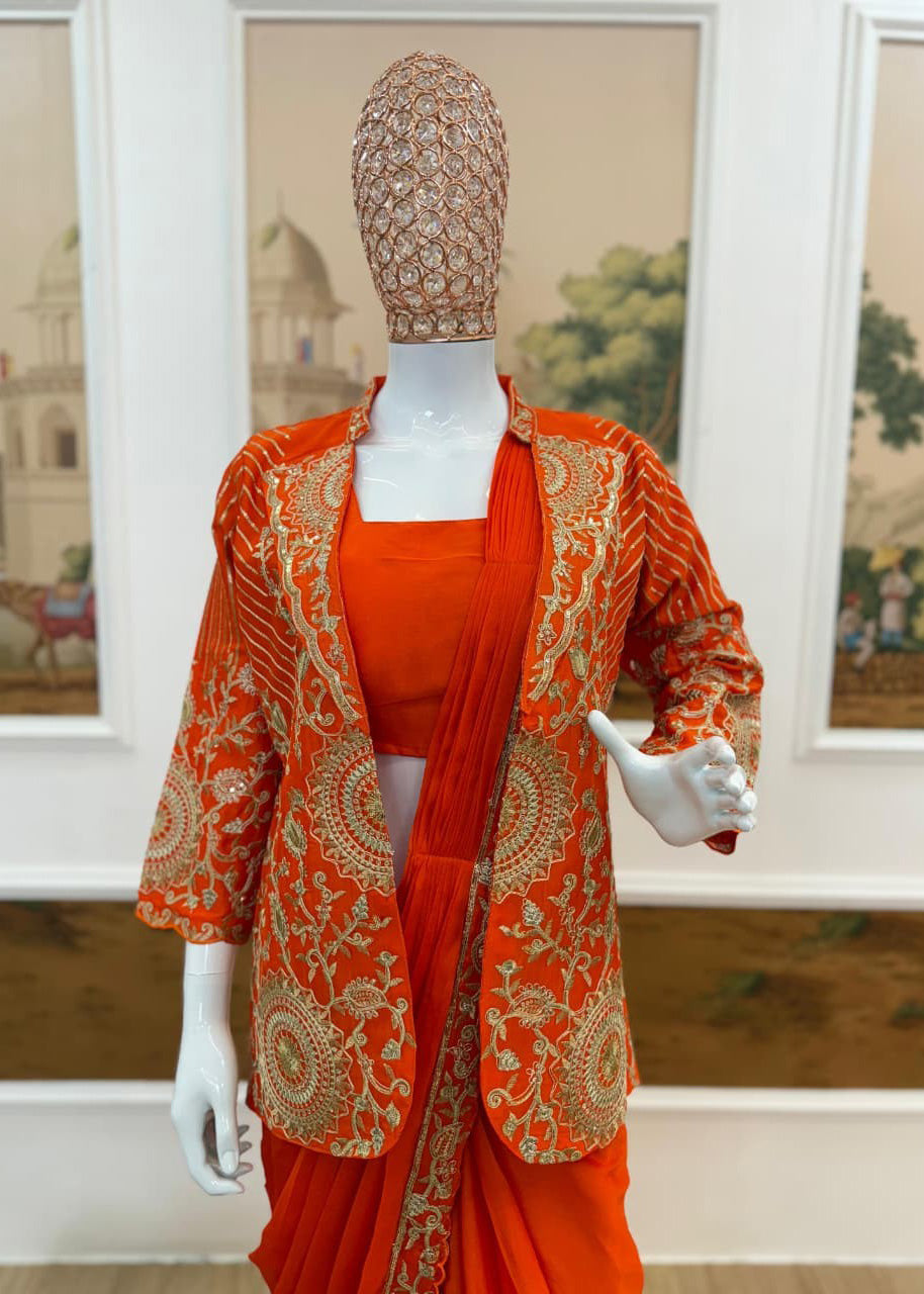 Premium Ready-to-Wear Embroidered Drape Saree Set