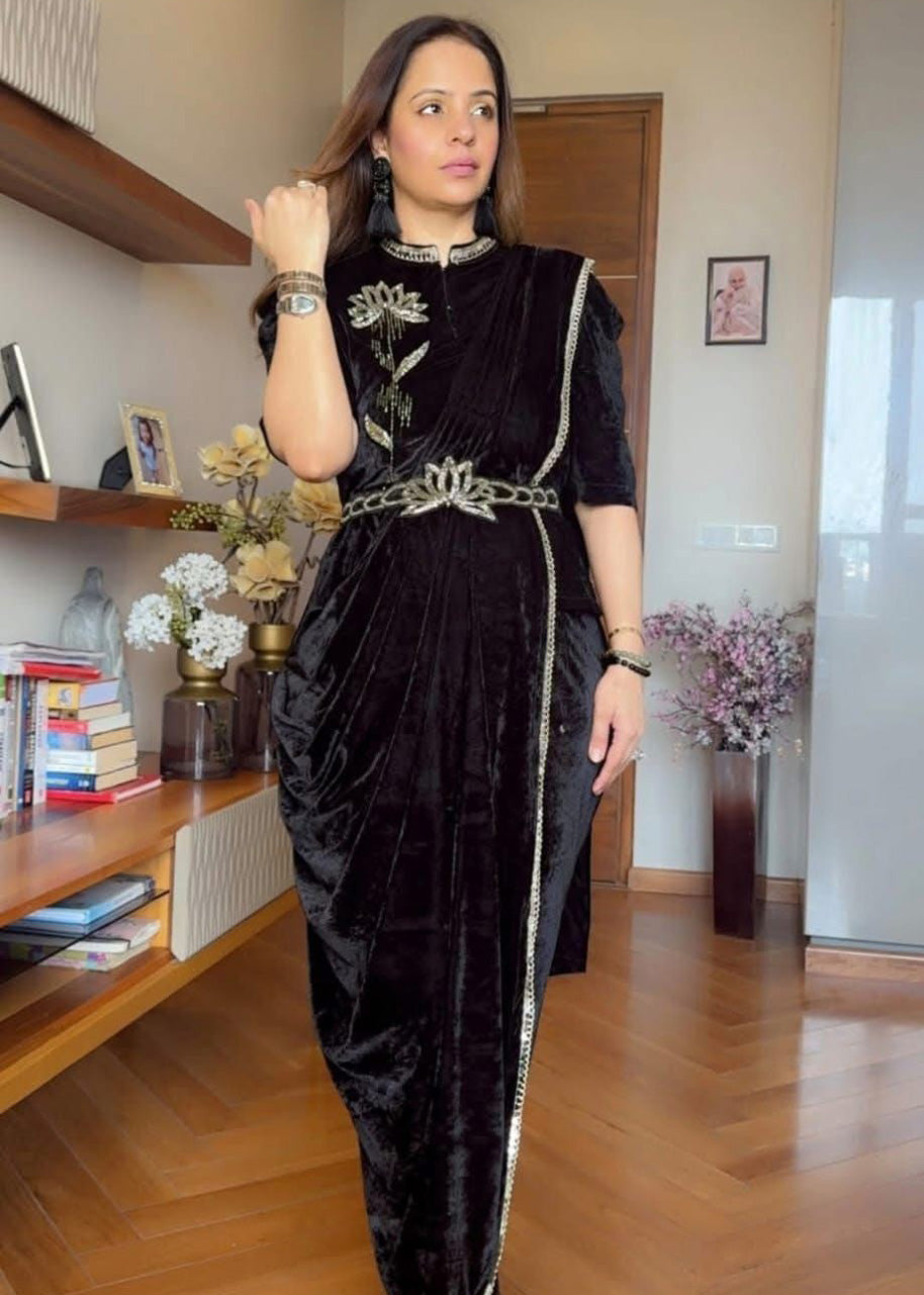 Premium Indo-Western 3-Piece Velvet Saree Set