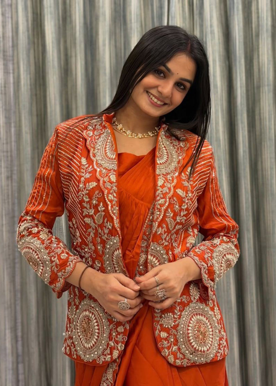 Premium Ready-to-Wear Embroidered Drape Saree Set