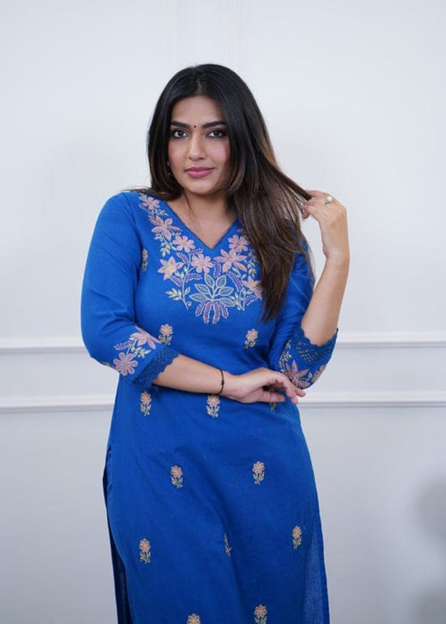 Pure Cotton Slub Embroidered Kurta Pant Set