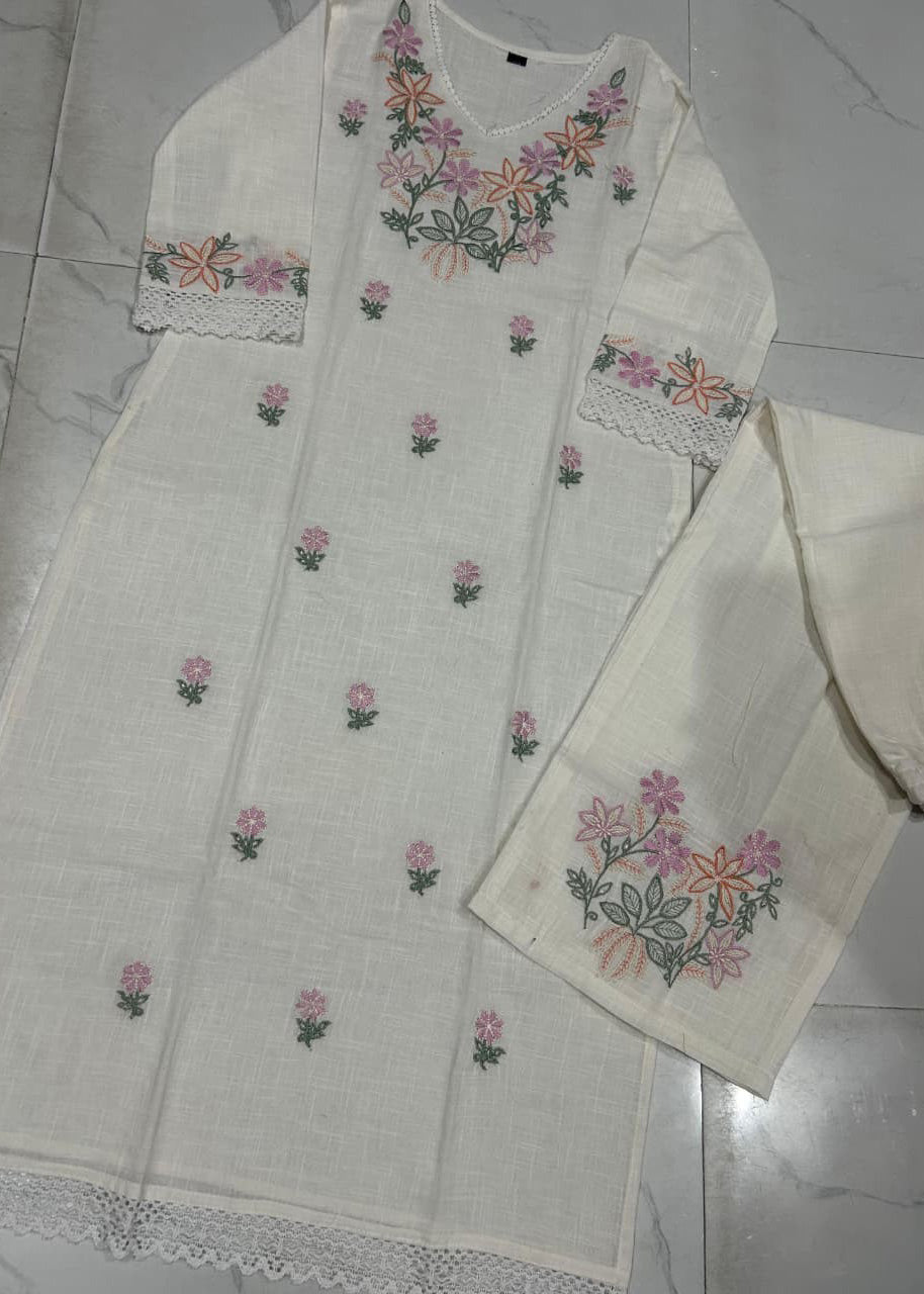 Pure Cotton Slub Embroidered Kurta Pant Set