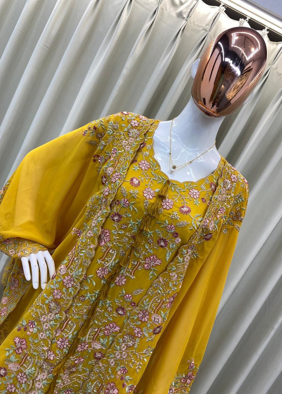 Designer Wear Kurta Plazzo Pair With Shruge In Sequence Embroidery Work