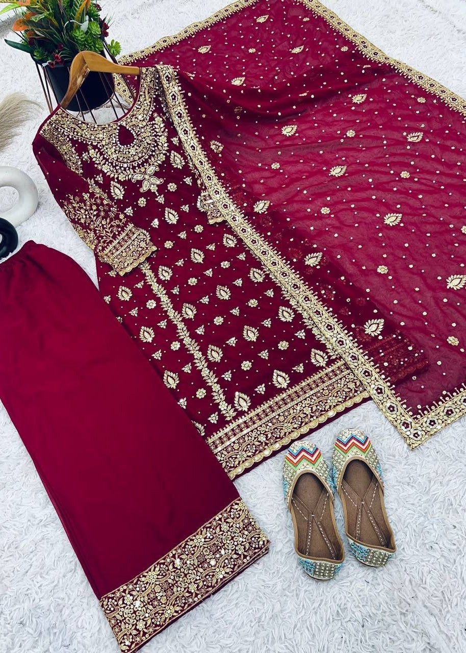 New Designer Party Wear Top, Palazzo & Dupatta Set with Heavy Embroidery