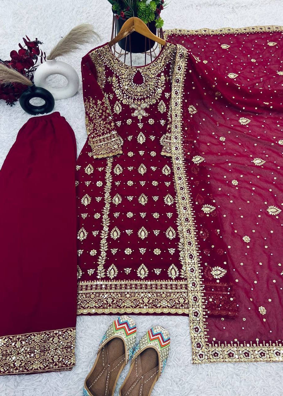 New Designer Party Wear Top, Palazzo & Dupatta Set with Heavy Embroidery