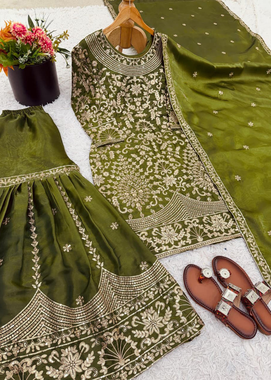 Designer GMY Silk Heavy Embroidered Sharara Suit Set with Dupatta